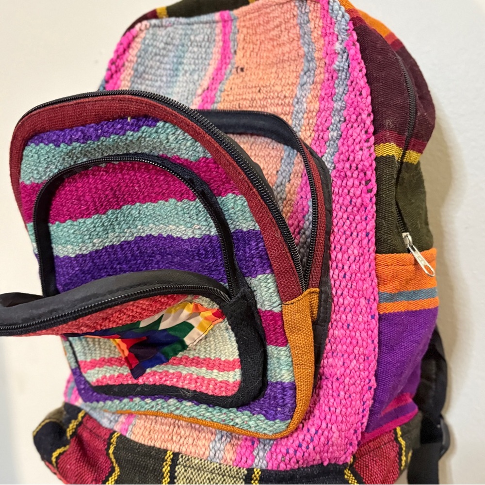 Colourful Woven Striped Backpack Front Pocket Rainbow Wiphala Made in Andes SA - Picture 14 of 16
